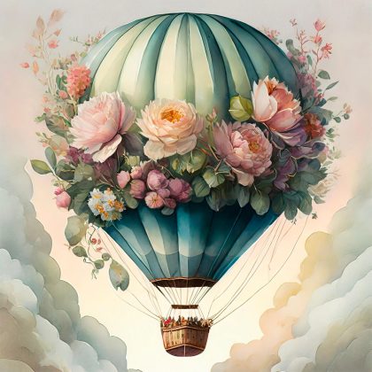 kuumailmapallo taivaalla, jota ympyröi kukkaseppele